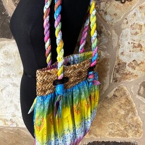 Blue Miami Colorful Shoulder Bag Purse - *Boho *Hippie - Fabric and Straw design